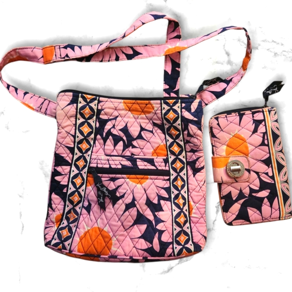 Vera Bradley Pink Loves Me Cross Body Hipster Bag W/ Matching Clutch Wallet